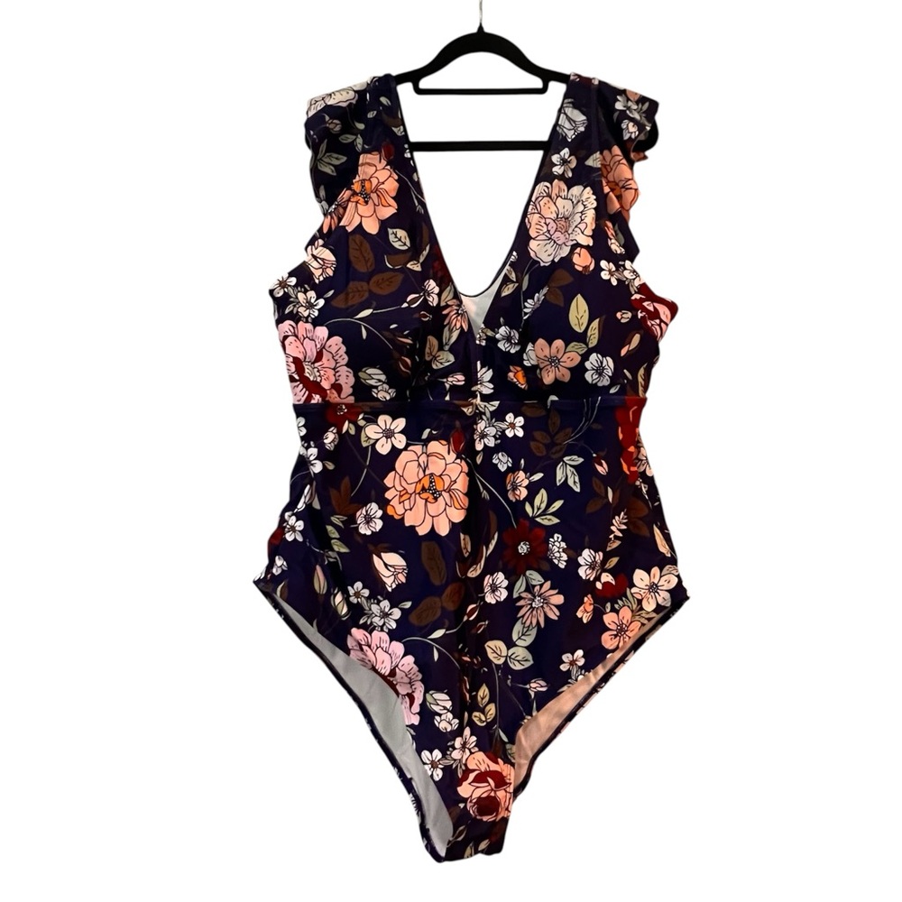 SHEIN Floral One Piece Swimsuit - Navy and Pink